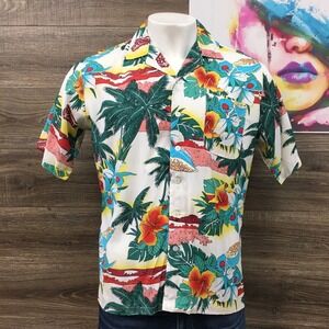 Vintage Network Hawaiian Shirt Rayon Tropical Palm Tree Floral Print Button Up L
